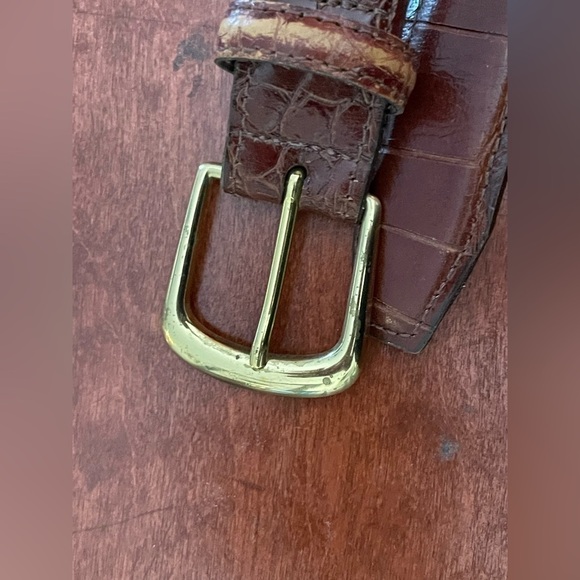 Mens Leather Belt Brown Size 50’ Top Grain Croc Print Solid Brass Hardware EUC - Picture 5 of 8